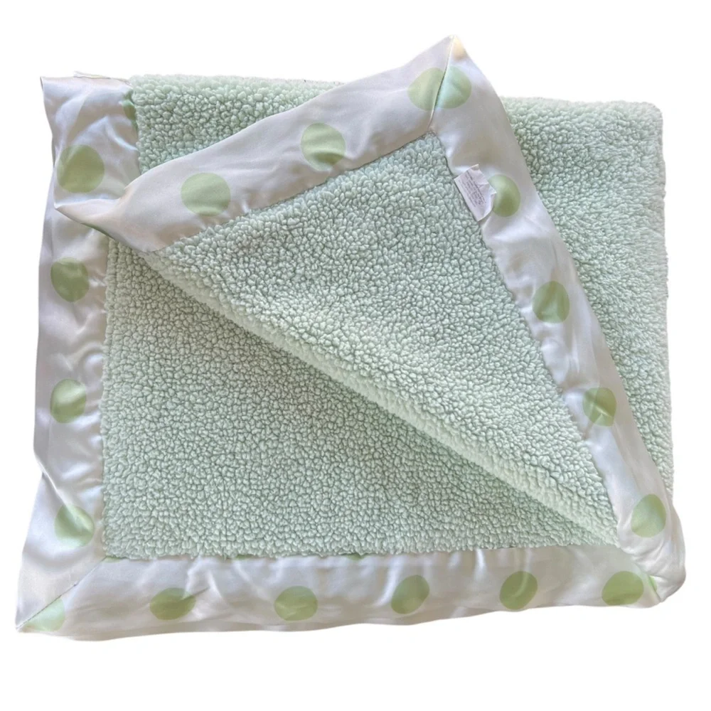 Little Giraffe Mint Green Chenille Baby Blanket Polka Dot Satin Trim 31x37 GUC